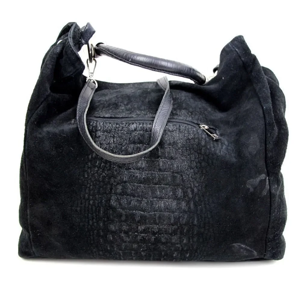 SOFIA CARDONI MADE IN ITALY BLACK SUEDE CROCO PRINT SHOULDER BAG HANDBAG HOBO